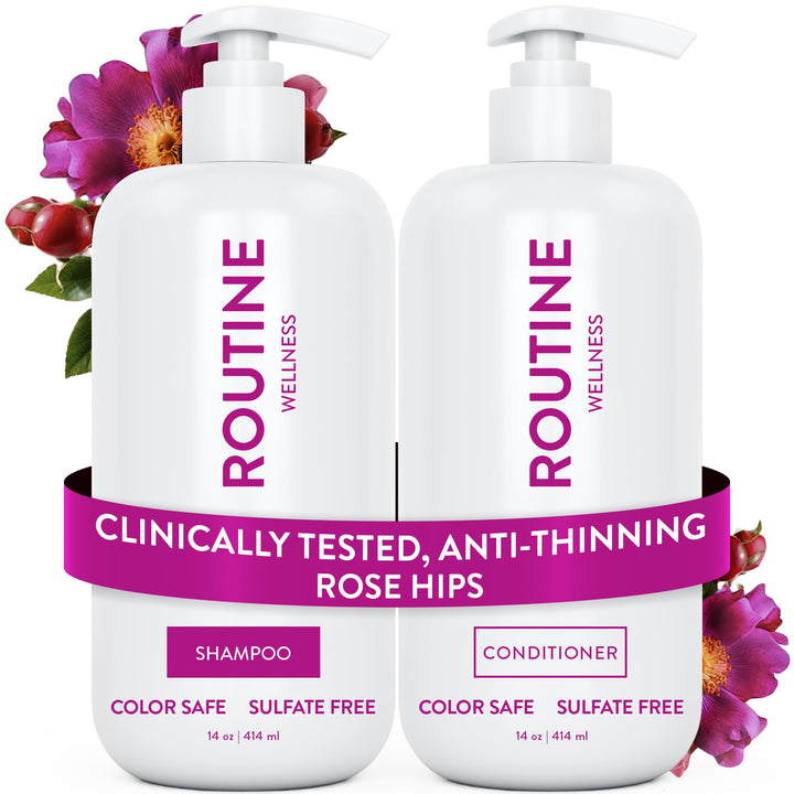 Routine Wellness Anti-Thinning Shampoo & Conditioner - Rose Hips | Clinically tested shampoo for thinning hair with biotin, pea peptides, saw palmetto oil, color safe, sulfate free