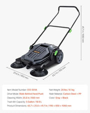 VEVOR Walk-Behind Hand Push Floor Sweeper with 25.6" Sweeping Width | Non-Electric, 5-Gallon Waste Container, Angle & Height Adjustable Folding Handle, Manual Floor Sweeper for Walkway Yard Patio