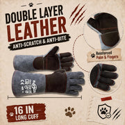 RAPICCA Animal Handling Gloves, Bite Proof Double Leather, 16 in Grey-Black | For Dog, Cat, Bird, Falconry, Snake & Reptile Handling; Vets, Groomers & Animal Control Teams