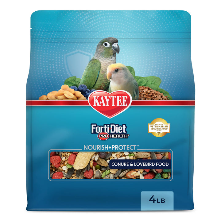 Kaytee Forti-Diet Pro Health Nourish+Protect Conure & Lovebird Food, 4 lb | Balanced digestion. Conure food with prebiotics and probiotics. Parrot food, antioxidants, omega-3s