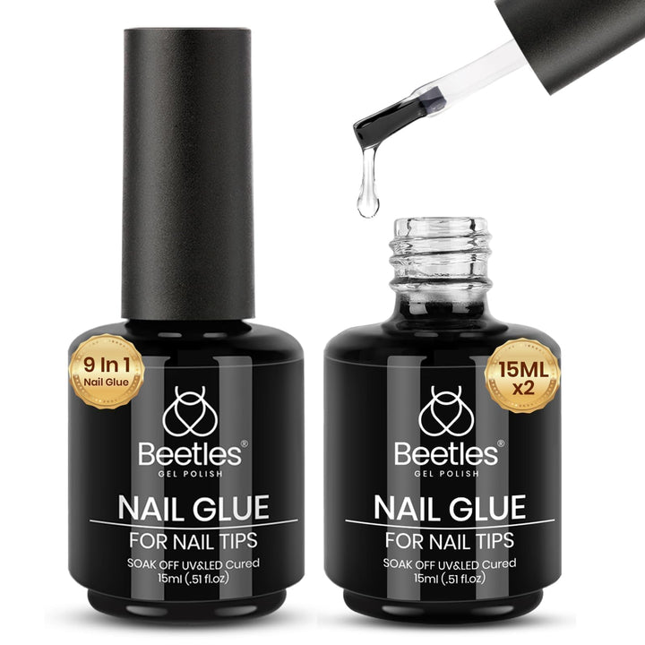 Beetles Gel Polish 9 in 1 Gel Nail Glue for Clear Acrylic Nail Tips | 2Pcs 15ml Long Lasting Nail Gel Kit for False Nails Tips, Base Blooming Nail Gel, U V Light Required, Gift for Women