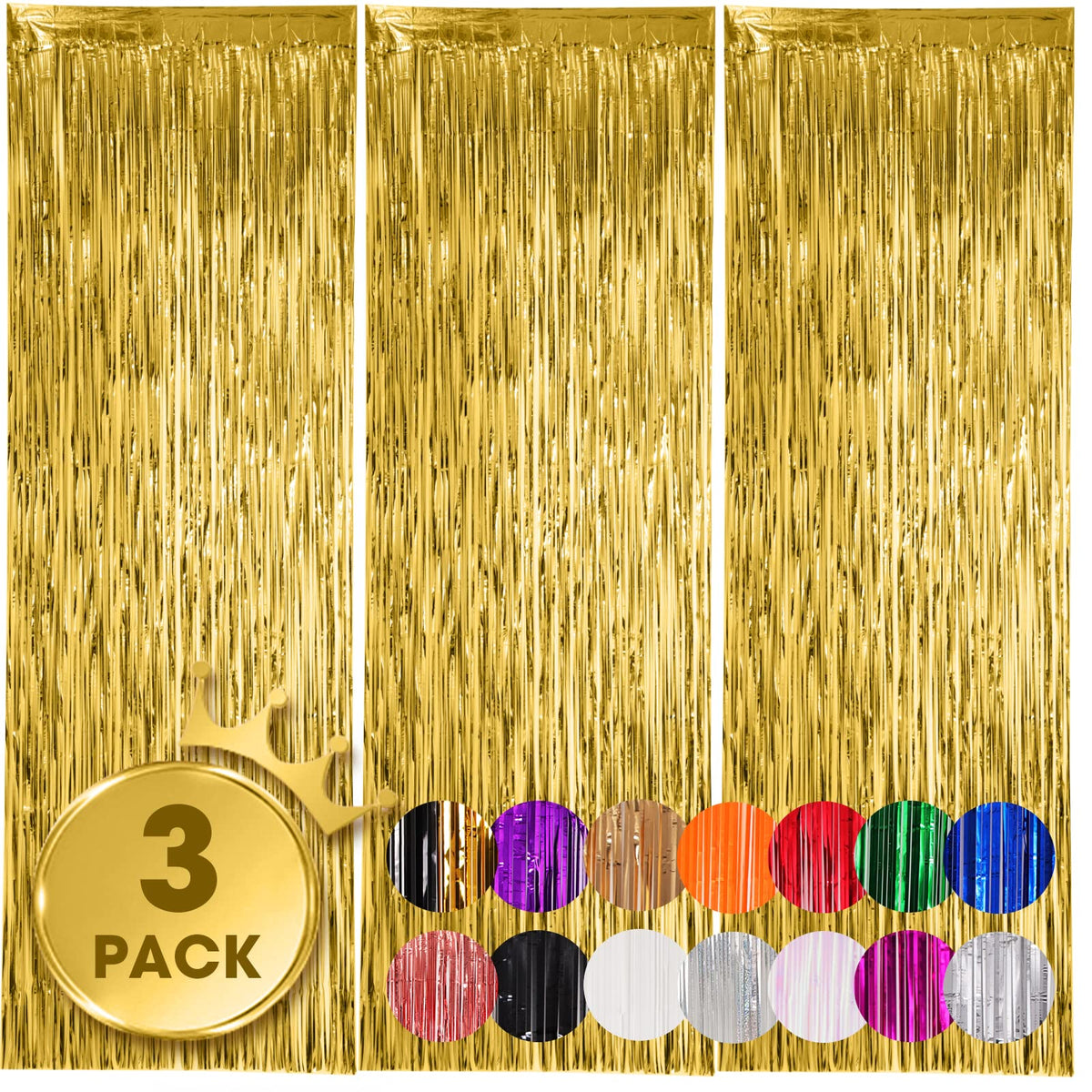 Voircoloria Gold Foil Fringe Backdrop Curtains, 3.3x8.2ft, 3 Pack | Tinsel Streamers, For New Years Eve, Graduation, Birthday, Baby Shower