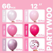 PartyWoo Hot Pink Balloons 66pcs 12 Inch Magenta Fuchsia Latex Balloons | Pearl Pink Metallic Magenta Fuchsia Confetti for Gender Reveal Bridal Shower Baby Shower Princess Birthday Party Decorations