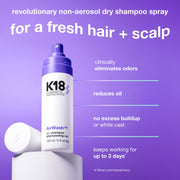 K18 AirWash Travel Non Aerosol Dry Shampoo Spray, 1.6 Fl Oz | Eliminate Odor, Reduce Oil + Sweat, No White Cast or Heavy Fragrance, Fresh Hair + Scalp for 3 Days