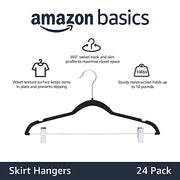 Amazon Basics Velvet Non-Slip Skirt Clothes Hangers with Clips, 360 Degree Rotatable Hook, Organize Pants and Skirts, Black/Silver, 24-Pack