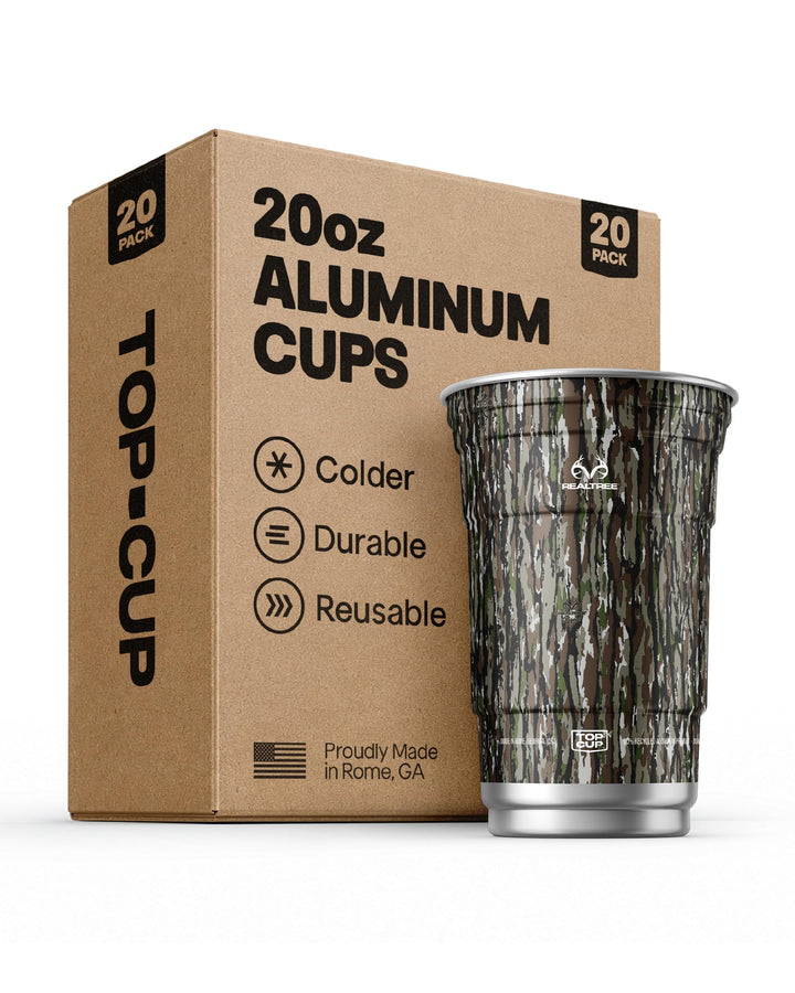 Top Cup Aluminum Party Cups, RealTree Original Camo, 20oz, 20 Count | Made in the USA, Colder, Durable, Reusable, Recycleable, Dishwasher Safe