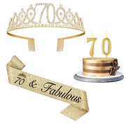 70th Birthday Decorations for Women Gold with Sash and Tiara, Gold Number Candles, 70th Birthday Gifts for Women