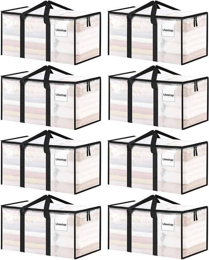 ukeetap 8 Pack Extra Large Clothes Storage Bins with Lids, Clear | Storage Bags with Reinforced Handles & Heavy-Duty Zippers, Moving Bags Boxes Totes for Clothes Packing, Dorms, College
