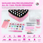 SAVILAND PU Leather Nail Polish Organizer Bag for Nail Tech, Pink | Holds 30 Bottles & Nail Lamp, Waterproof, Double-Layer, Adjustable Divider, Nail Organizers and Storage for Home and Travel