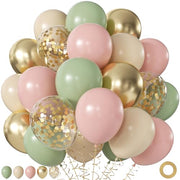 Sage Green Balloons for Boho Baby Shower Fairy Birthday Party Decorations | 60Pcs 12Inch Pink and Green Balloons Include Sage Green Pink Sand White Gold Confetti Balloons, Bridal Shower Decorations